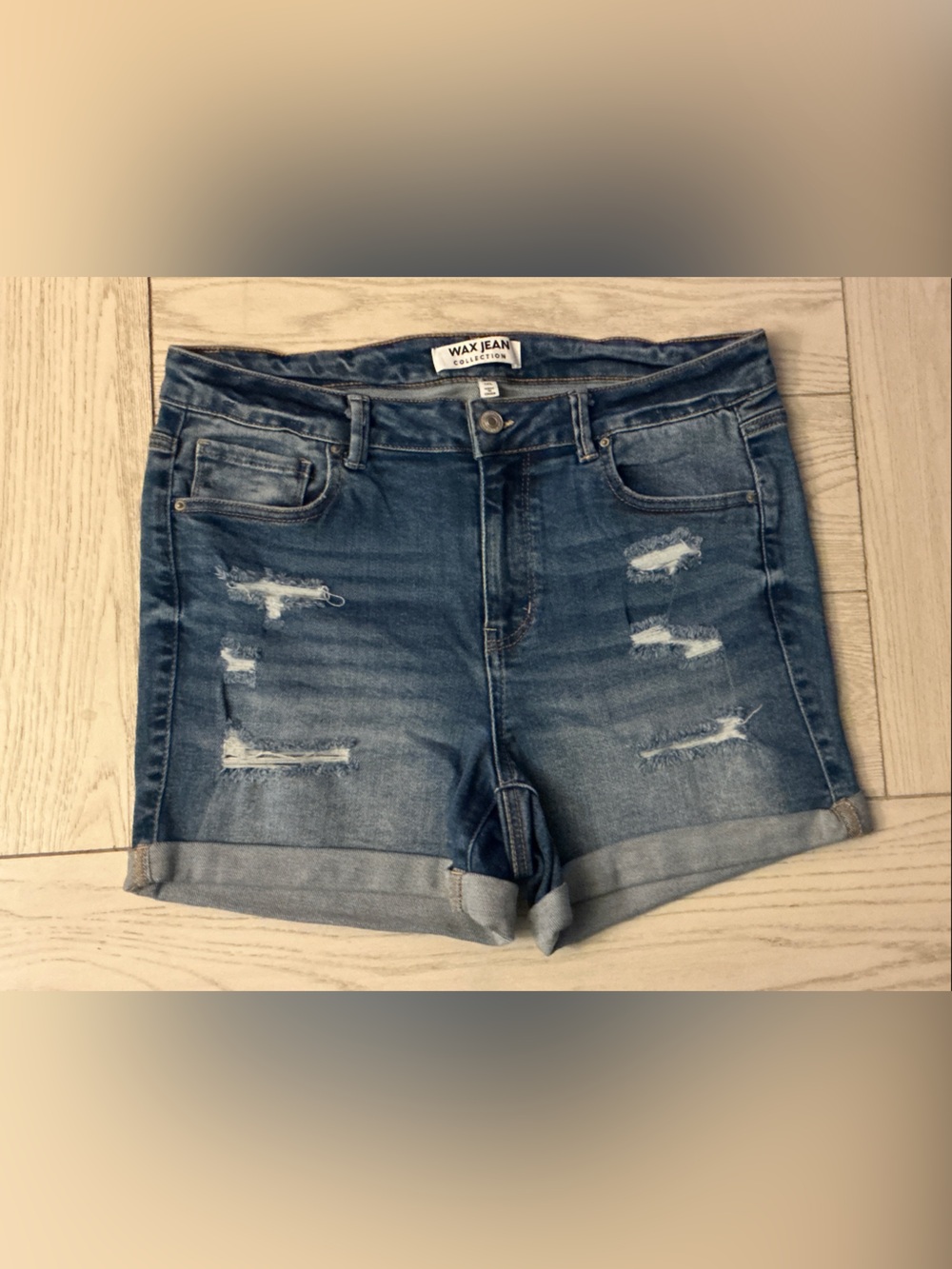 Wax Jean Women's Distressed Rolled-Hem Denim Shorts in Medium Blue